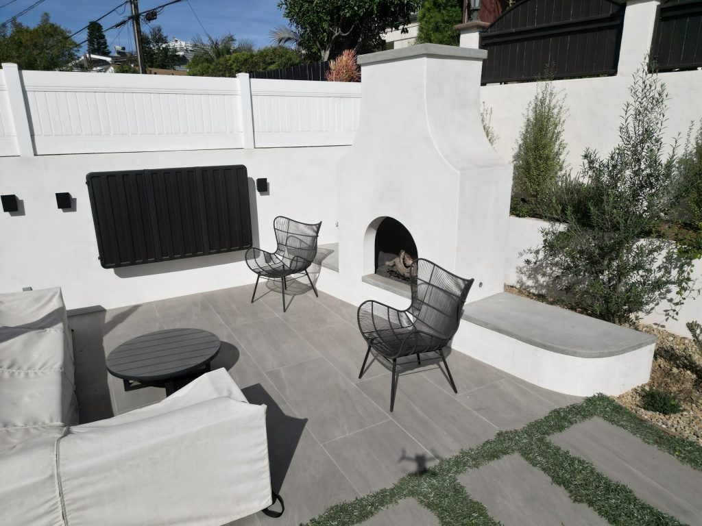 fire place with lounge area for outdoor living built by rosewood landscape in palos verdes ca