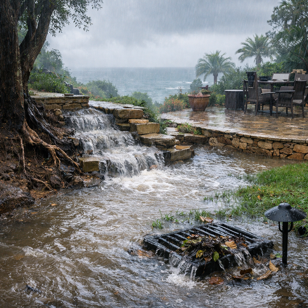 Rain runoff flooding a sloped Palos Verdes backyard with poor drainage during a Southern California storm